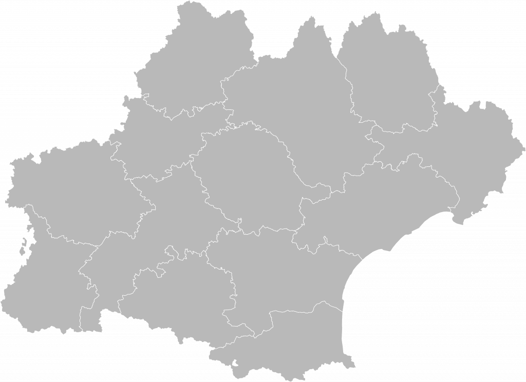 Une carte de l'Occitanie grise avec les secteurs détourés en blancs